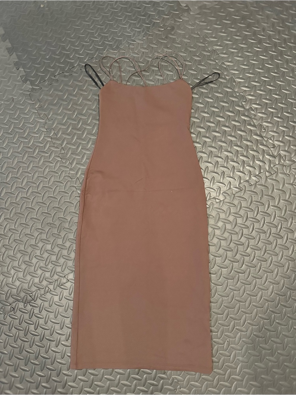 Babaton Open-Back Brown Bodycon Midi Dress with Spaghetti Straps